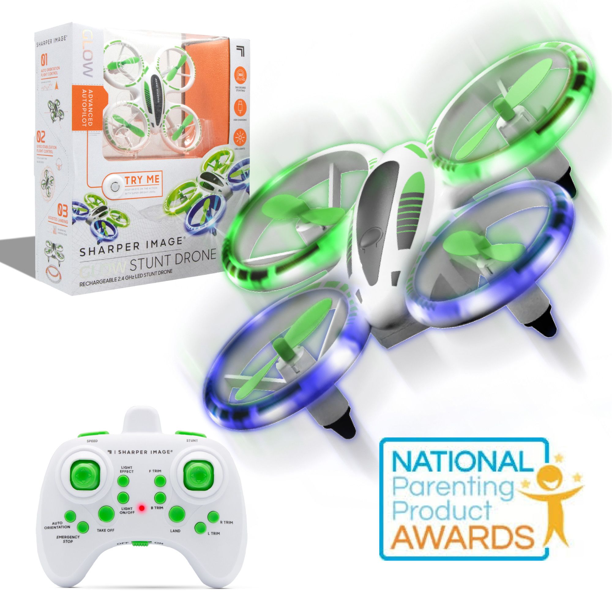 SHARPER IMAGE 2.4GHz RC Glow Up Stunt Drone with LED Lights, Mini Remote Controlled Quadcopter with 