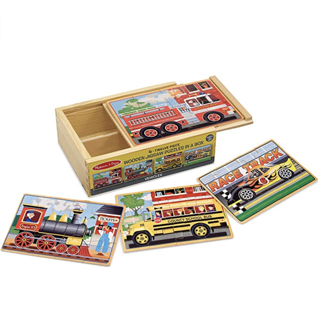 Amazon.com: Melissa & Doug Vehicles 4-in-1 Wooden Jigsaw Puzzles in a Storage Box (48 pcs) : Melissa