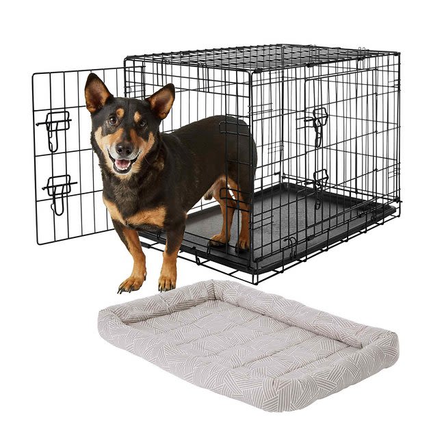 FRISCO Fold & Carry Double Door Collapsible Wire Dog Crate, 30 inch & FRISCO Gray Basket Weave Dog C