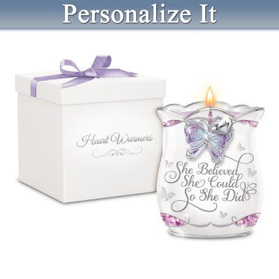 She Believed She Could So She Did Personalized Inspirational Candleholder With Butterfly, Heart Char