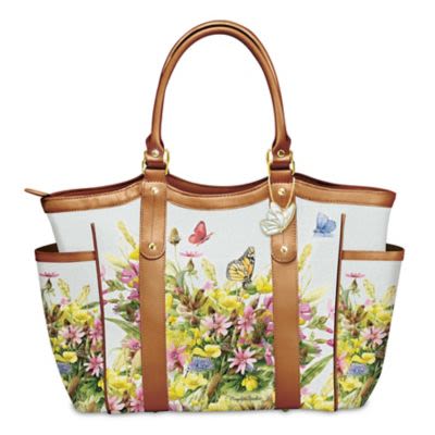 Garden Splendor Womens Designer-Style Shoulder Tote Bag With Tan Faux Leather Trim & Golden Hardware