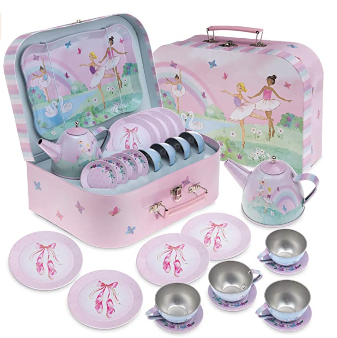 Amazon.com: Jewelkeeper 15 Piece Girls Pretend Toy Tin Tea Set & Carrying Case - Ballerina Design : 