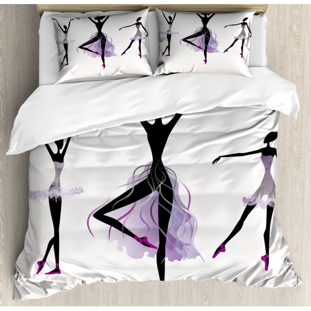 Ballet Duvet Cover Set King Size, Ballerina Silhouettes Practising Classic Dance Performing Theatric