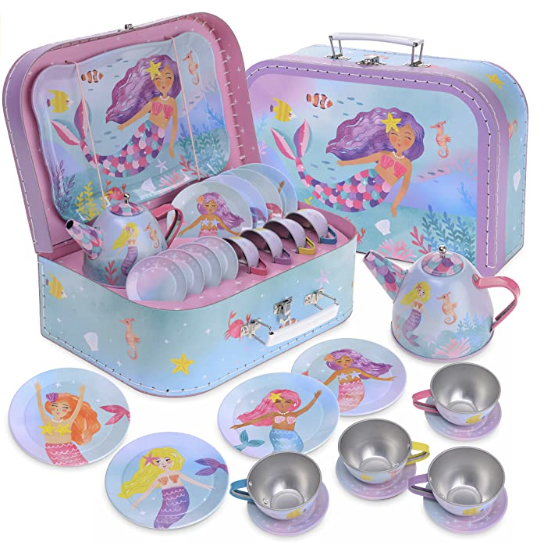 Amazon.com: Jewelkeeper 15 Piece Kids Pretend Toy Tin Tea Set & Carrying Case - Rainbow Mermaid Desi