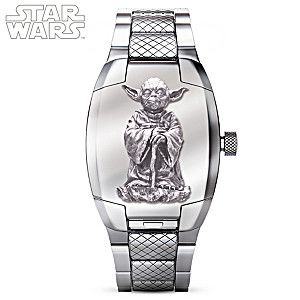 STAR WARS Glow-In-The-Dark Yoda Mens Stainless Steel Flip Cover Watch