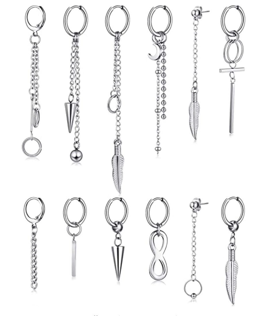 Amazon.com: 12 Pieces Hoop Dangle Earrings For Men Stainless Steel feather Hinged Pendant Earrings L