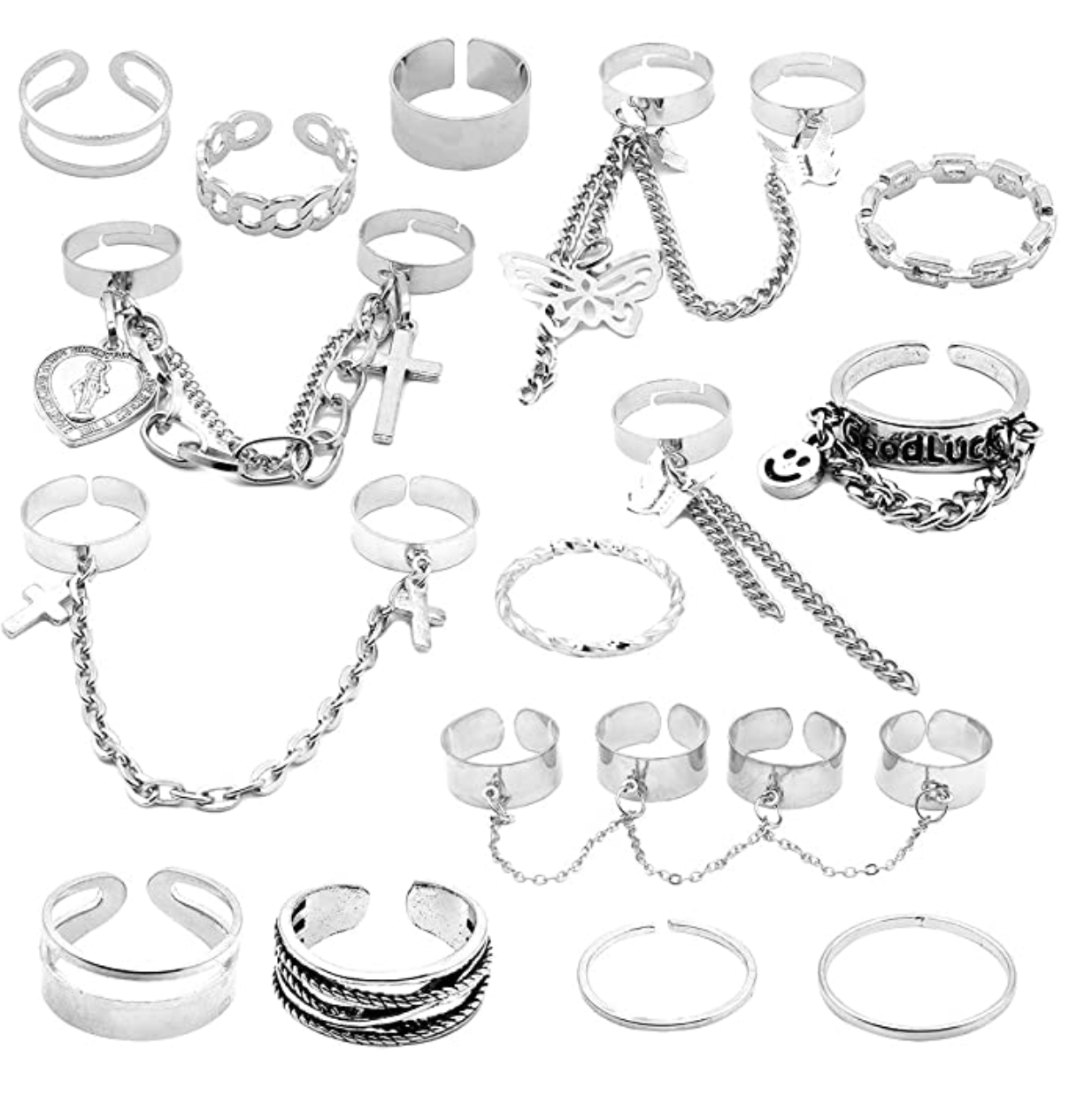 Amazon.com: Gothic Punk Chain Finger Rings Set, 17PCS Adjustable Stackable Vintage Silver Emo Rings 
