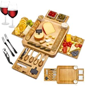 Amazon.com | Cheese Board 2 Ceramic Bowls 2 Serving Plates. Magnetic 4 Drawers Bamboo Charcuterie Cu