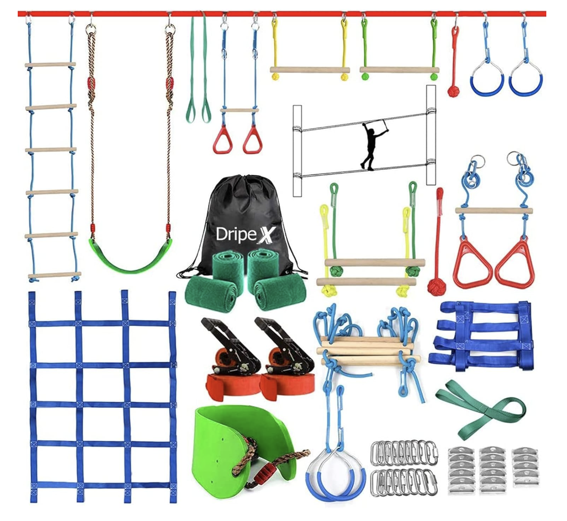 Amazon.com: Ninja Warrior Obstacle Course for Kids Backyard - 2×50ft Slackline Kit with 10 Most Comp