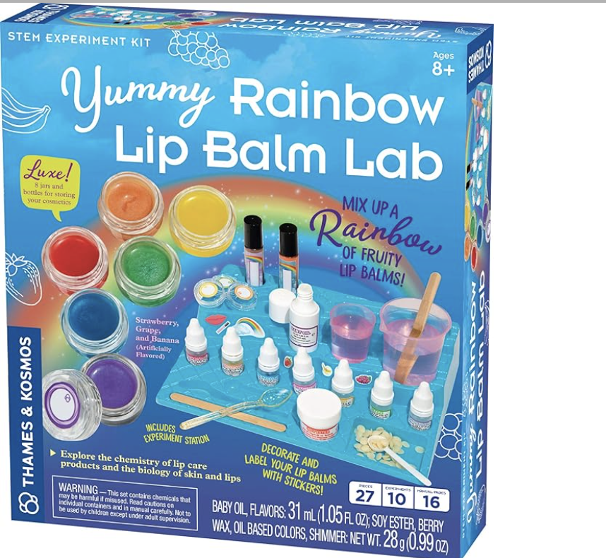 Amazon.com: Thames & Kosmos Yummy Rainbow Lip Balm Lab STEM Kit | Make Lip Balms & Glosses in a Rain
