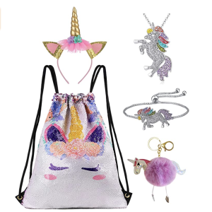 Amazon.com: Unicorn Gift Set Girls Drawstring Sequin Backpack/Necklace/Headband/Keychain/Hair Bow (P