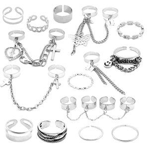 Amazon.com: Gothic Punk Chain Finger Rings Set, 17PCS Adjustable Stackable Vintage Silver Emo Rings 