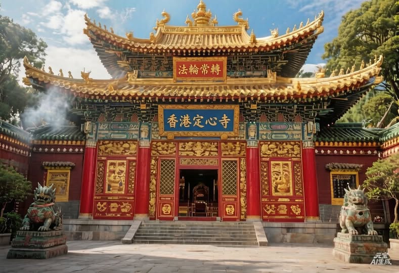 1,香港定心寺外觀(主視覺)
香港佛寺外觀,莊嚴寧靜,帶藏傳佛教元素,紅金色調,柔光,入口大門、供燈、香煙輕霧,對稱構圖,寫實風格。