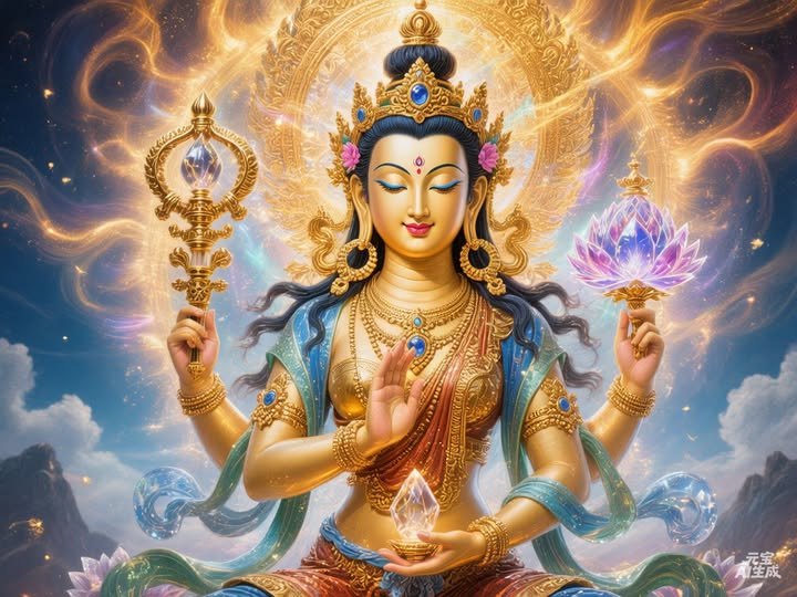 2,金剛玉燈母(光的起點)
金剛玉燈母象徵圖,光芒、琉璃、金剛杵、蓮花組成的神聖女性能量,金色與藍色光暈,現代唐卡風格,神聖純淨。