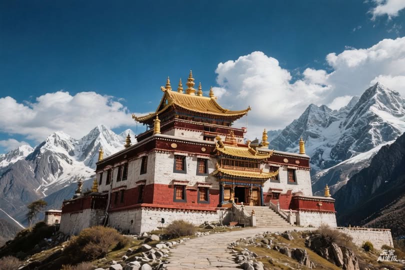 3. 安章寺全景(康藏高原)
位於康藏高原山崗上的安章寺,全景,藍天白雲、山脈、紅白寺院,神聖與歷史感兼具,高解析寫實。