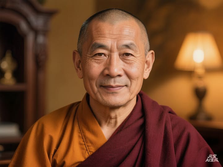 5,安章·珠巴仁波切肖像
慈悲莊嚴的藏傳佛教上師肖像,傳統袈裟,柔光暖色調,寫實肖像風格。