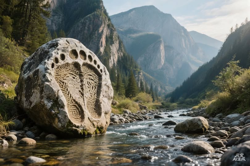 6, 昌曲河與腳印石(聖跡)
昌曲河畔聖跡巨石,自然形成的腳印,清澈河水、山谷寧靜,神秘加持感,寫實攝影風格。