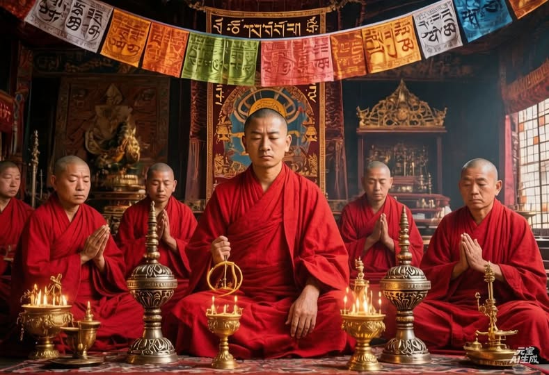 8,定心寺法會現場(弘法)
僧眾誦經、供燈、法器、藏紅袈裟,莊嚴寧靜,柔光,寫實風格。