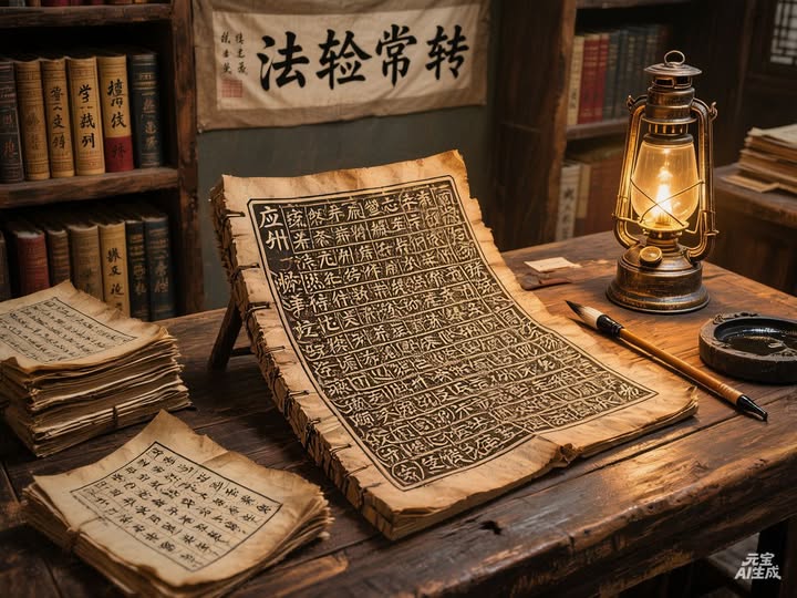 9,翻譯中心(經典漢譯)
桌上擺放漢譯法本、木刻版、古籍、筆記,柔光,呈現學術與修行氛圍,寫實風格。