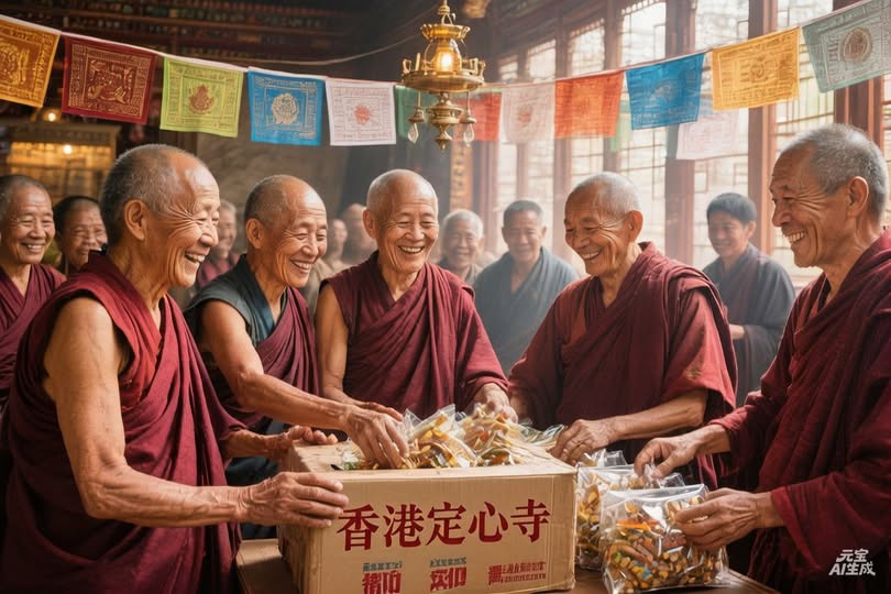 10,慈善與教育活動(寺院社會關懷)
義工分發物資、長者微笑、溫暖光線,慈悲與關懷,紀實寫實風格。