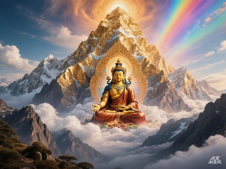 11,銅色吉祥山(蓮師淨土)
金銅色山峰、蓮師光芒、雲海、虹光,神聖寧靜,史詩般淨土景象。