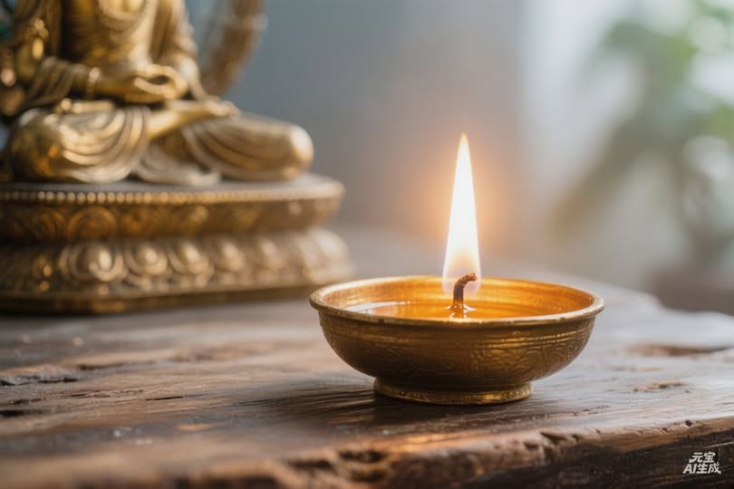 12,供燈(結語)
一盞佛前供燈,金色火焰柔和,背景虛化,象徵光明與願力,極簡寫實。