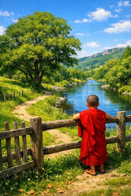 盛夏河畔憑欄僧影