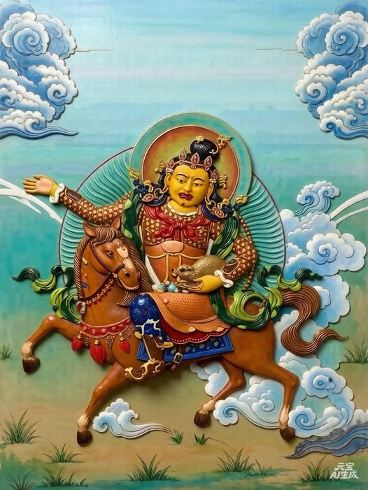 8,多聞天,手持吐寶鼠,騎棕馬,守護北方。