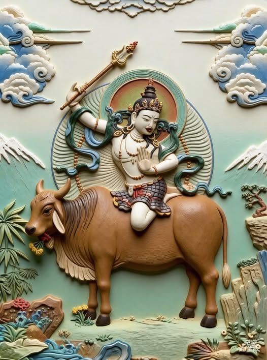 9,大自在天,手持三叉㦸,坐著黃牛,守護東北方。