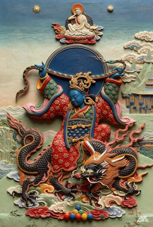 5，施仁天女 ：身藍綠色、騎青龍，執掌牲畜。