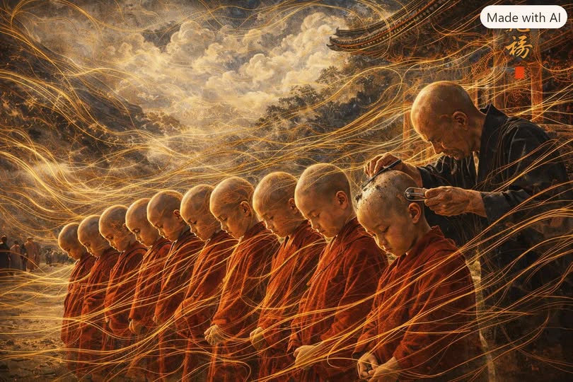 《山寺觀稚子剃度》