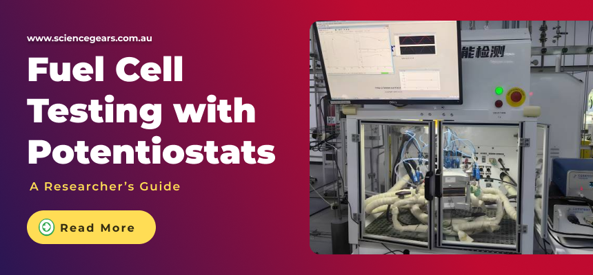 Potentiostat connected to a hydrogen fuel cell for polarization curve and EIS measurement in a three-electrode electrochemical test system.