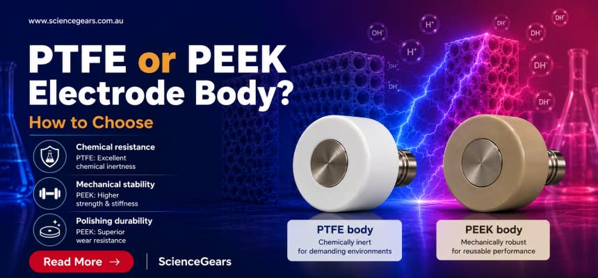 Choose between PTFE and PEEK electrode bodies for glassy carbon, platinum, gold and silver disc working electrodes in electrochemistry
