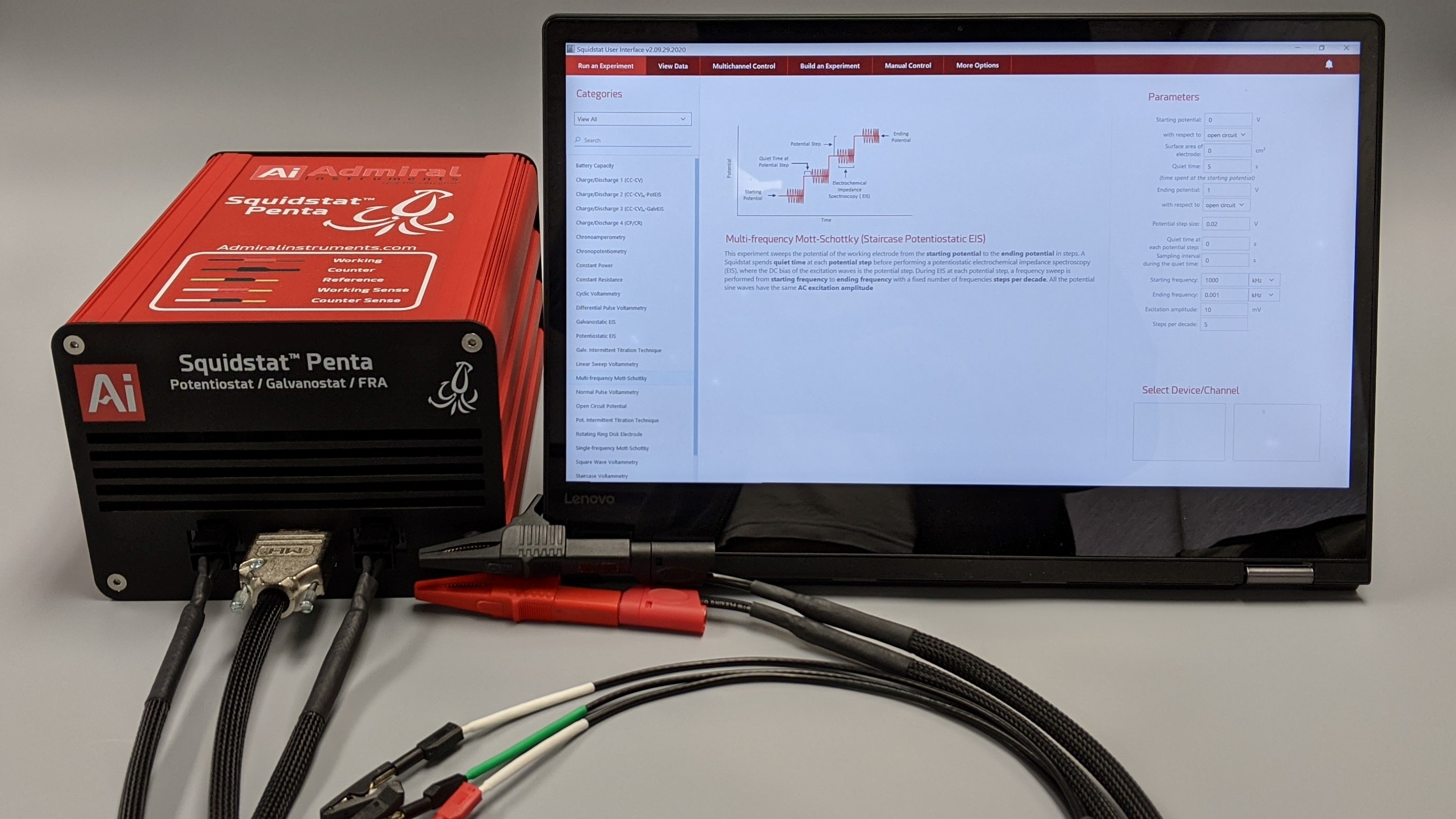 A typical potentiostat setup used in electrochemical experiments.