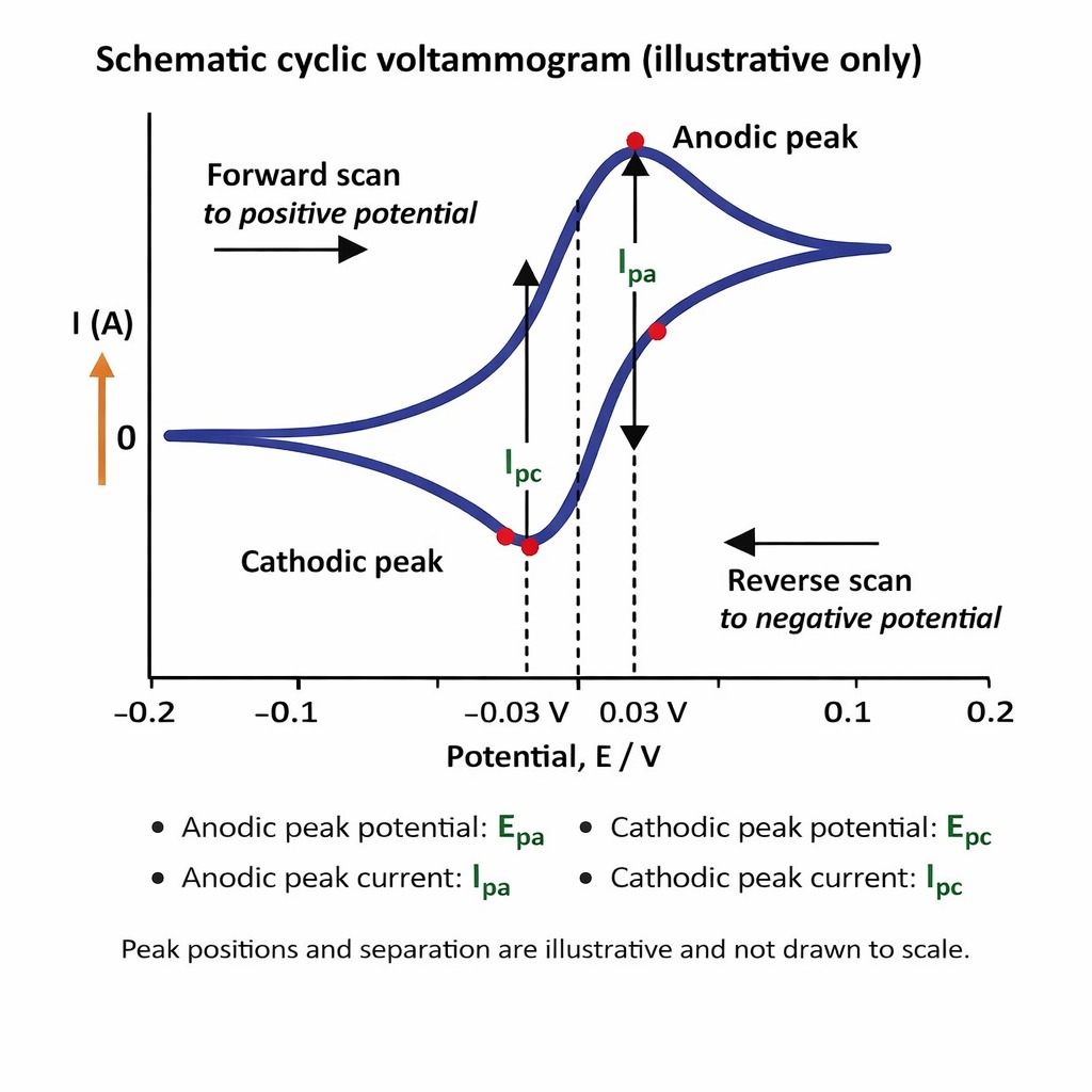 Figure 1 &mdash; Cyclic Voltammogram Diagram Current (I) E (V) 0 E pa (Anodic Peak) E pc (Cathodic Peak) Forward sweep &rarr; &larr; Reverse sweep IpaIpc  Figure 1 &mdash; A typical cyclic voltammogram. Epa marks the anodic (oxidation) peak; Epc marks the cathodic (reduction) peak. The separation between these two peaks reveals information about the reversibility and kinetics of the redox reaction.