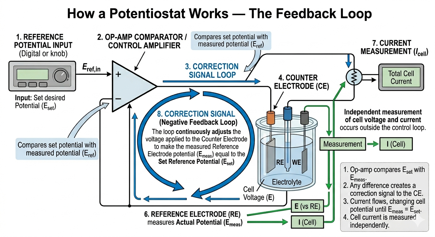 op-amp feedback loop (WE, RE, CE and correction pathway).png How a potentiostat works op-amp feedback loop working electrode reference electrode diagram