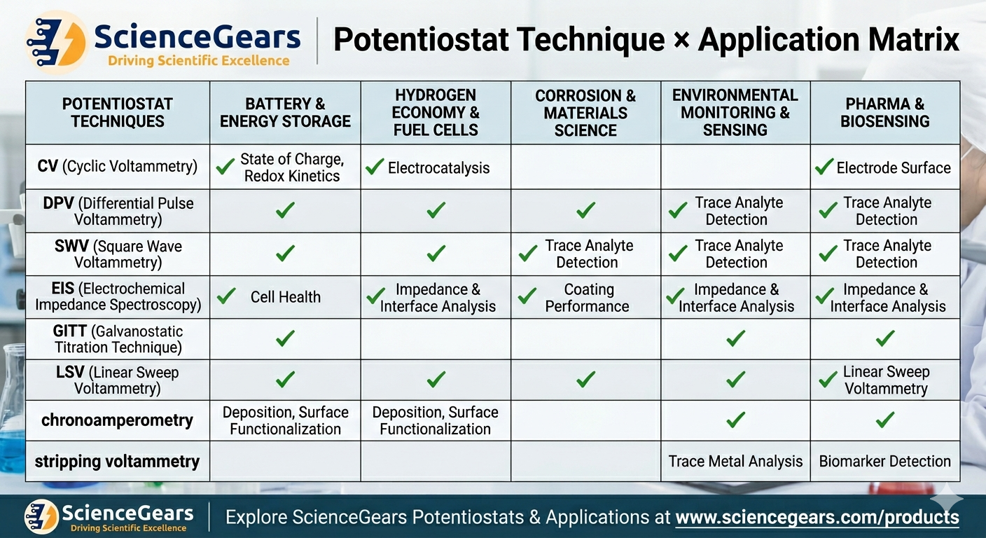 Potentiostat techniques by application matrix table.png Potentiostat techniques by application CV DPV EIS GITT corrosion battery pharmaceutical biosensing