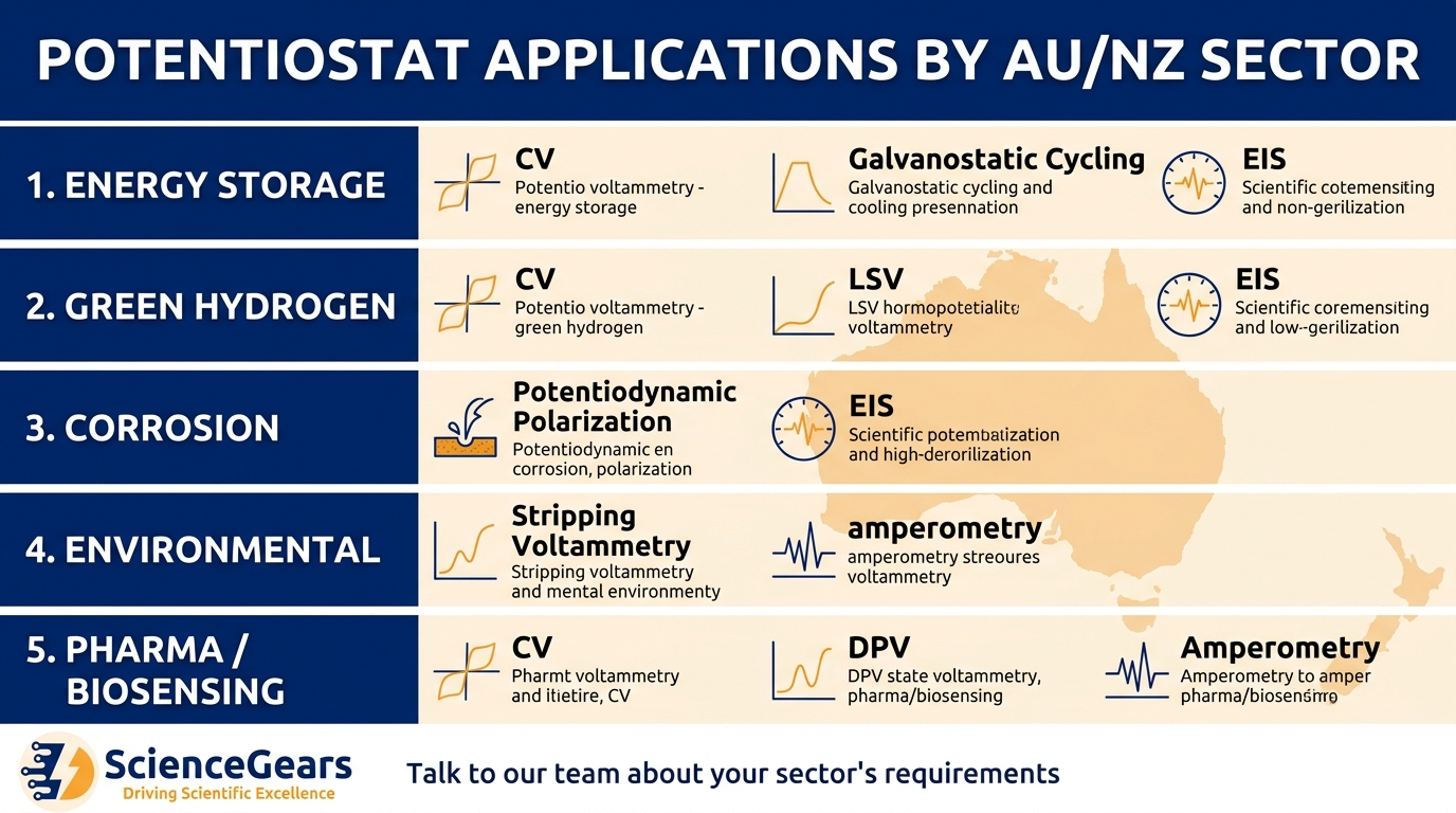 Potentiostat Applications by AU_NZ Sector.png Potentiostat applications by research sector Australia battery hydrogen corrosion environmental biosensing