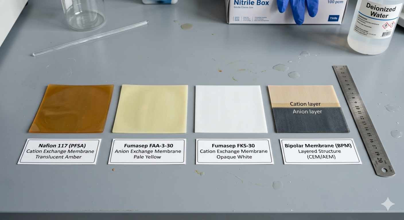 Four types of ion-exchange membrane.png Four ion-exchange membrane types used in electrochemical research — PEM, AEM, CEM, and bipolar — displayed side by side for comparison.