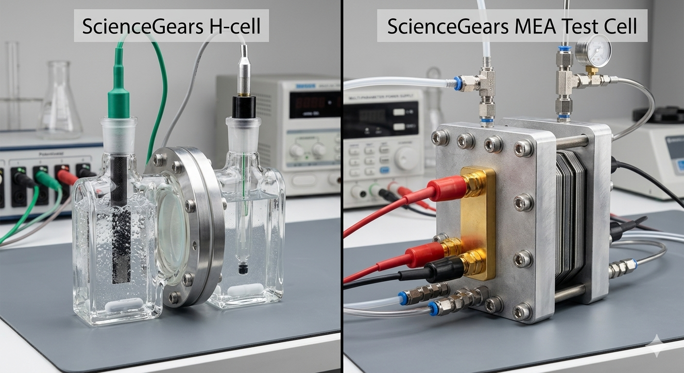 ScienceGears H-cell (left) with Nafion membrane separator, and MEA test cell (right) .png ScienceGears H-cell (left) with Nafion membrane separator, and MEA test cell (right) with assembled endplate — two common formats for electrochemical membrane research.