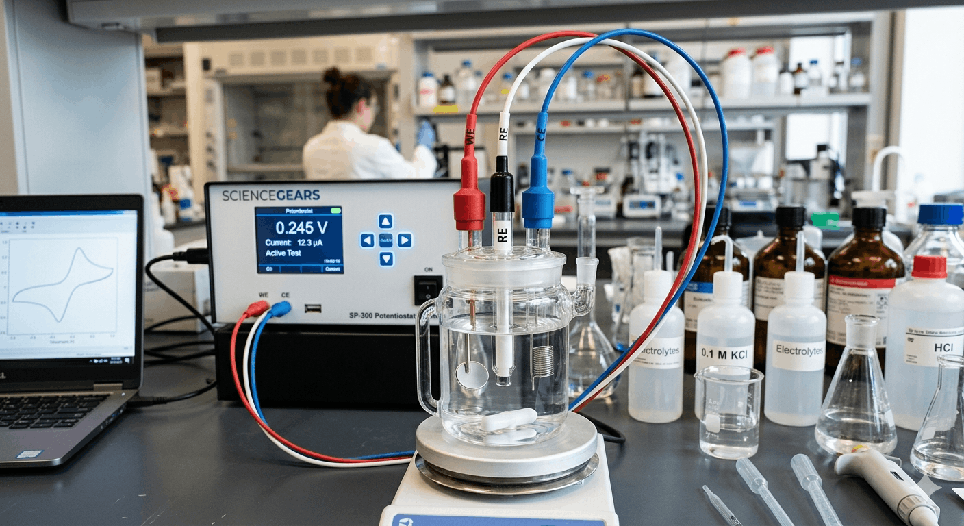 Three electrode potentiostat setup (1).png electrochemistry laboratory setup featuring a three-electrode potentiostat system.