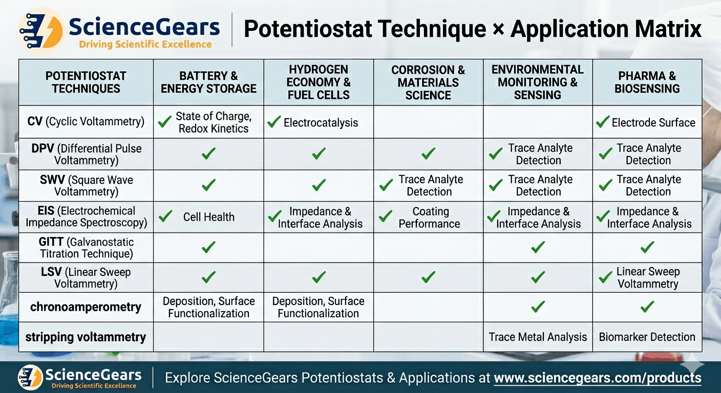 Potentiostat techniques by application CV DPV EIS GITT corrosion battery pharmaceutical biosensing