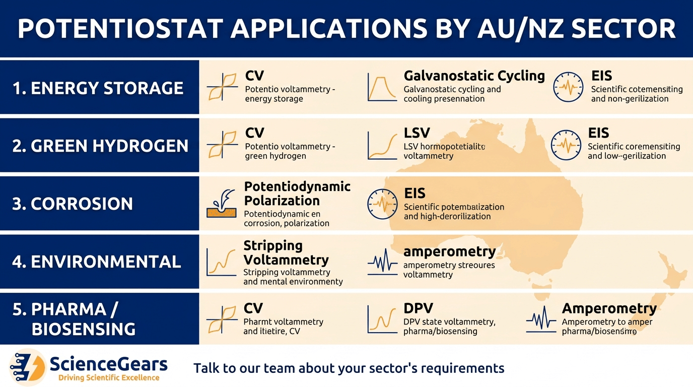 Potentiostat applications by research sector Australia battery hydrogen corrosion environmental biosensing