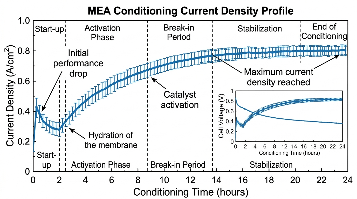 MEA current Density (1).png MEA conditioning current density profile showing start-up, activation, break-in, and stabilization phases over time