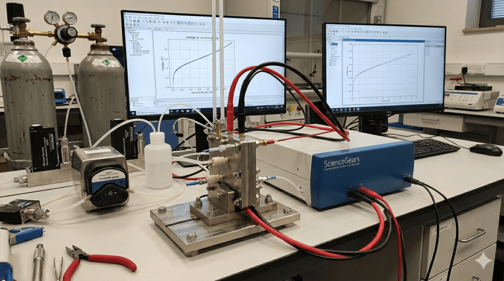 PEM Test station.png PEM electrolyser test setup with MEA cell, potentiostat, pump, gas lines, and monitors showing polarization curves