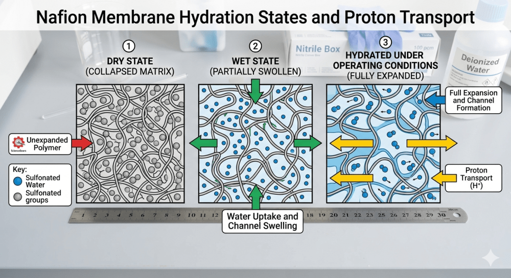 Comparison of Nafion 117 and Nafion 212 membrane thickness, showing the physical difference between the two most commonly used Nafion grades in electrochemical research