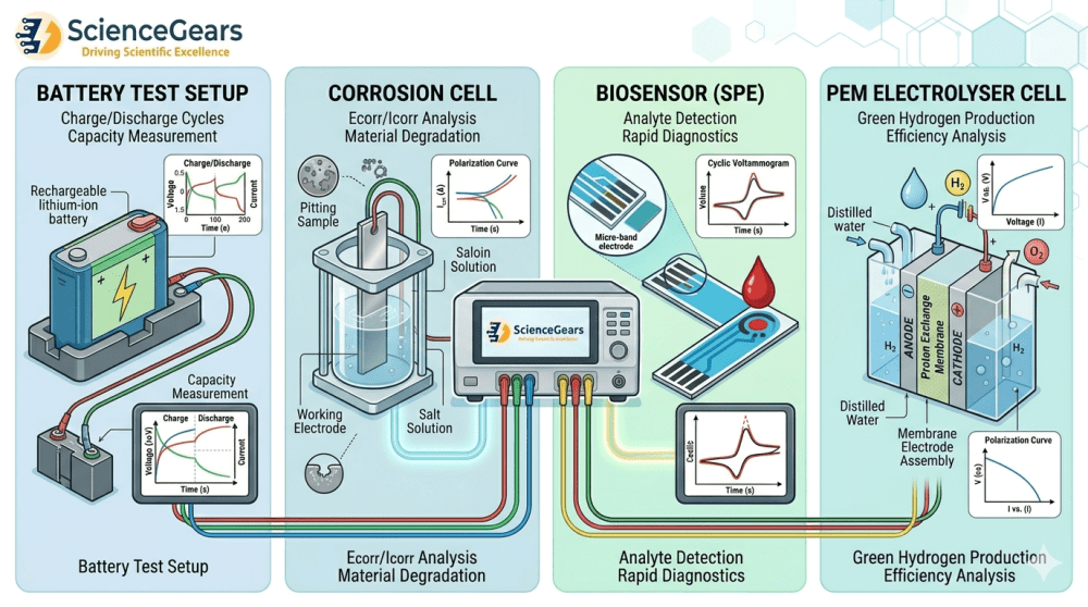 What does a potentiostat do electrochemistry applications across battery corrosion biosensor hydrogen research Australia
