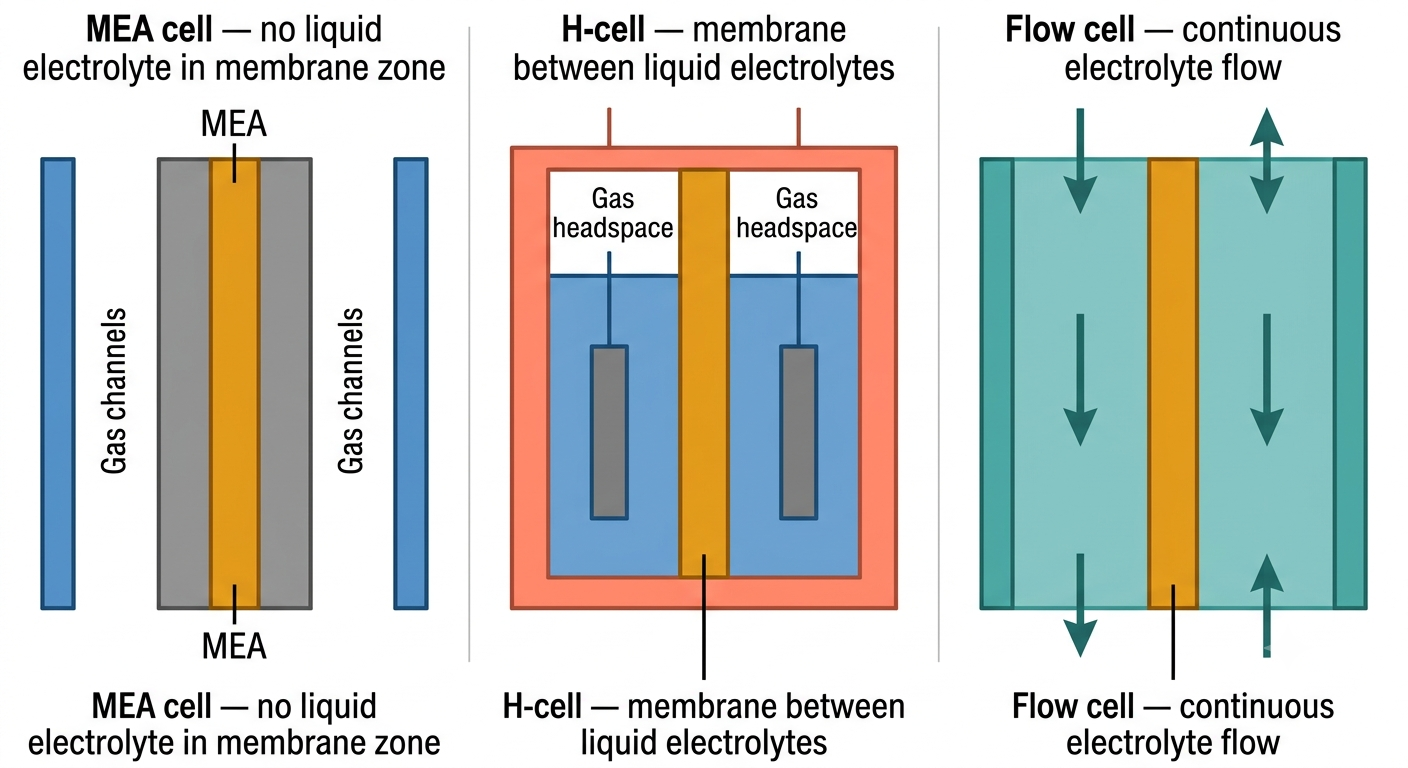 Three electrochemical cell format diagrams.png Three electrochemical cell format diagrams side by side: MEA cell (left), H-cell (centre), and flow cell (right), showing how the membrane's role and environment differ between formats