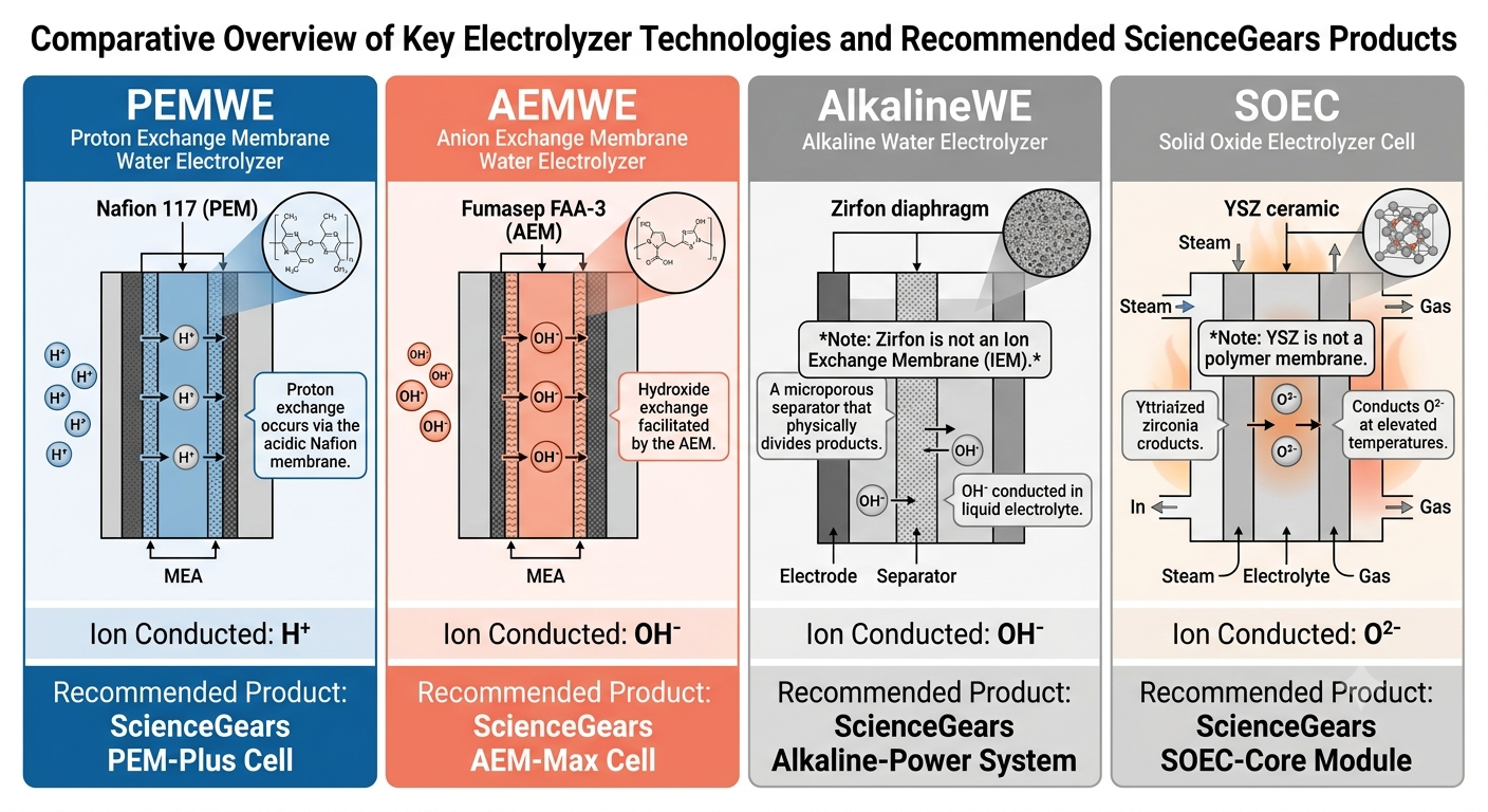 Four electrolyser types and their corresponding membrane or separator.png Four electrolyser types and their corresponding membrane or separator: PEMWE uses Nafion 117 (PEM), AEMWE uses Fumasep FAA-3 (AEM), AlkalineWE uses a Zirfon microporous diaphragm, and SOEC uses a YSZ ceramic electrolyte." Caption: Each electrolyser type uses a categorically different separator technology. Only PEMWE and AEMWE use polymer ion-exchange membranes from the ScienceGears membrane range. AlkalineWE and SOEC use fundamentally different separator types — important to clarify before specifying membranes for a new electrolyser project.