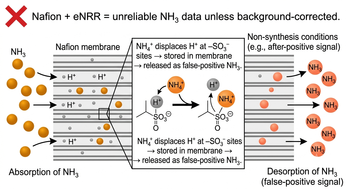 Diagram showing how NH₃ is adsorbed into Nafion membrane .png Diagram showing how NH₃ is adsorbed into Nafion membrane sulphonate sites during eNRR experiments and subsequently desorbed as a false-positive signal under non-synthesis conditions